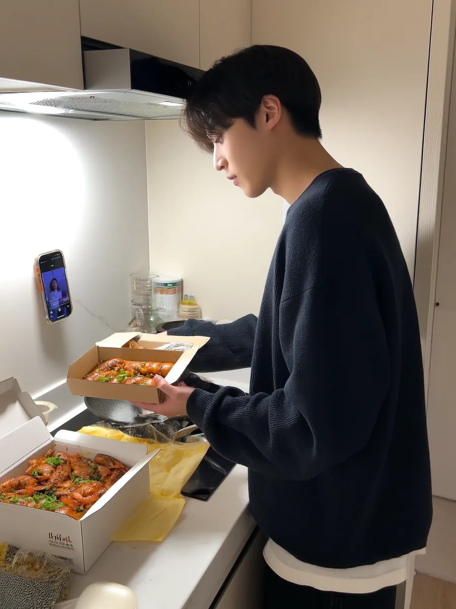 원룸 주방에서 밀키트를 조리하며 촬영하는 크리에이터